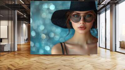 Beautiful girl model in a black hat close-up Wall mural