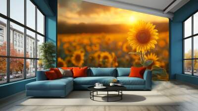 Blooming sunflowers in a field close-up Wall mural