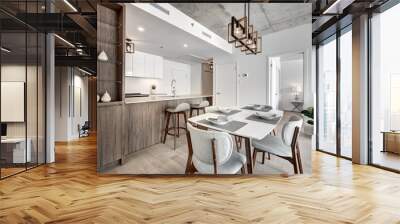 Brand new luxury Canadian style furnished and staged apartment in condominium with kitchen, bathroom, bedroom, lobby, hall, reception room and gym Wall mural