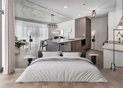 Brand new luxury Canadian style furnished and staged apartment in condominium with lobby, hall, reception room and gym, Beautiful Modern Staged Apartment North American Style, Open Concept Wall mural