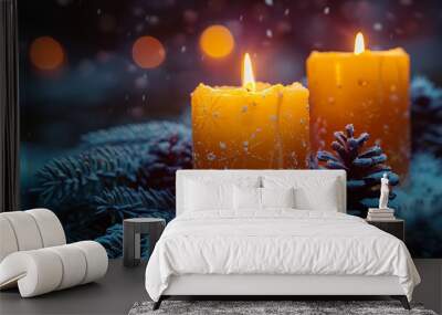 christmas decoration with candle and snow Wall mural