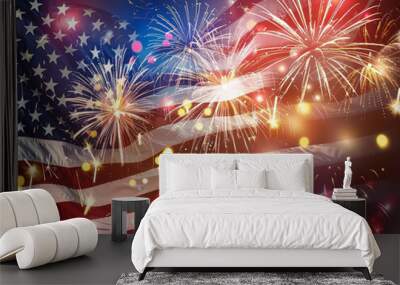 fireworks in the night sky, american flag Wall mural