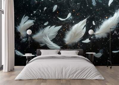 Flying white feathers on a dark background Wall mural