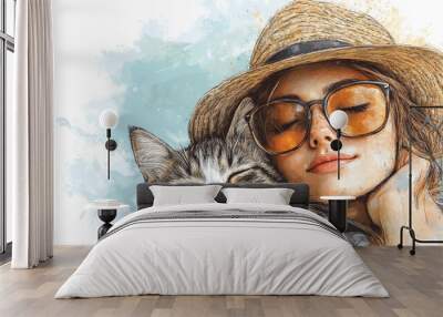 Girl with her favorite cat Wall mural