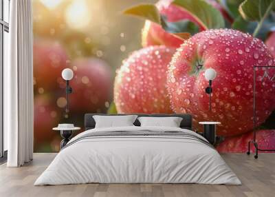 Juicy Peaches with dew drops close-up Wall mural