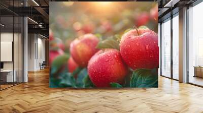 Juicy Peaches with dew drops close-up Wall mural