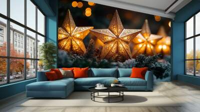 New Year's decorations in the form of gold stars Wall mural