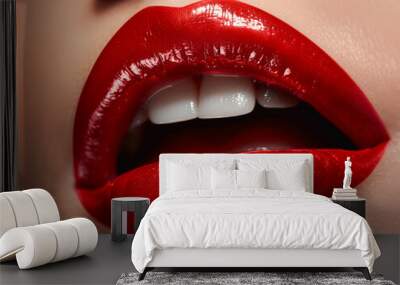 red lips of a very beautiful girl, model, close-up Wall mural