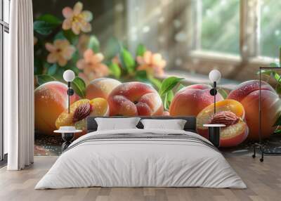 Ripe peaches on the table close-up Wall mural