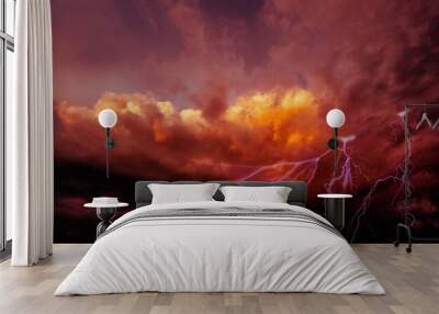 lightning on fiery clouds in the sky, colorful dramatic sky with clouds and steaming cumulonimbus clouds reflect the golden light of the morning sun. Wall mural