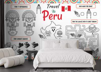 A fun placemat for kids. Printable “Travel to Peru” activity sheet with a labyrinth and find the differences. 17x11 inch printable vector file Wall mural