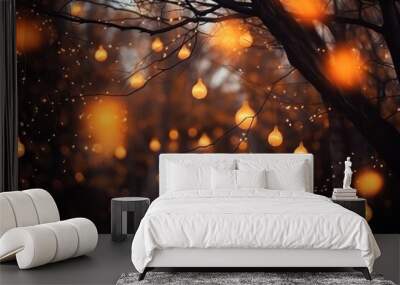 A magical background for Halloween with garlands with orange bokeh lights. Mystical night forest in all saints day. Copy space for text Wall mural