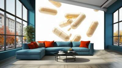 beige capsules, pills falling and scattering on white background . medicine Wall mural