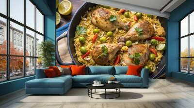 Delicious chicken and rice dish served with lime and fresh herbs, perfect for sharing at a family gathering Wall mural