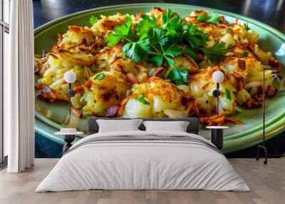 Delicious golden hash browns garnished with fresh herbs served on a plate during breakfast in a cozy kitchen setting Wall mural