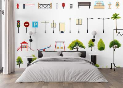 Elements of the urban landscape for the park, playground. Thirty nine flat vector objects isolated on white background Wall mural