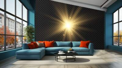 Glow bright light star, yellow sun rays. Wall mural