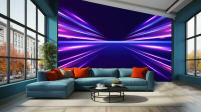 Horizontal night road in the form of a panorama with neon lights. Car motion trails. Speed line motion vector background.  Wall mural