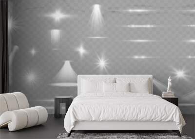 Light effect set. Glow isolated white transparent light effect set, lens flare, explosion, glitter, dust, line, sun flash, spark and stars, spotlight, curve twirl. Wall mural