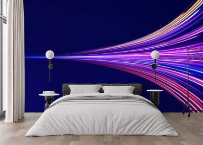 Neon stripes in the form of drill, turns and swirl. Illustration of high speed concept. High-speed light trails effect. Futuristic dynamic motion technology.  Wall mural