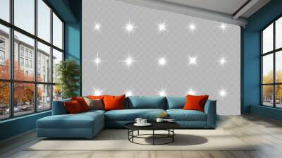 PNG. White glowing light star, burst sun rays. Wall mural