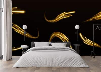 Stardust trail. Cosmic glittering wave. Vector golden sparkling falling star. Shining lights in motion with small particles. Ring of fire, Plasma ring on a dark background. Wall mural