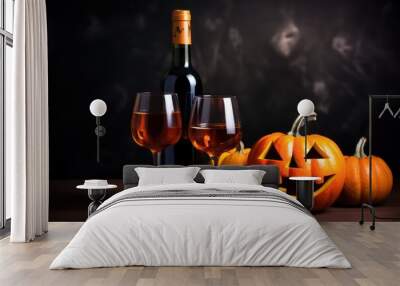 Two glasses of wine and bottle with Halloween - old jack-o-lantern on dark toned foggy background. Scary Halloween pumpkin Wall mural