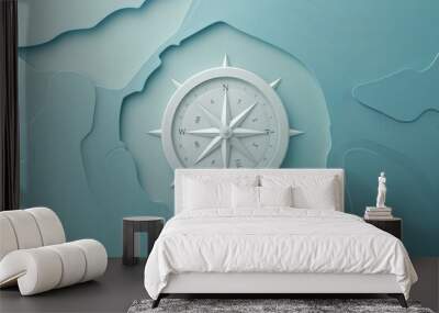 3d illustration of a white compass over blue layered paper cutting art, resembling topography Wall mural