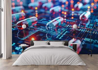 3d illustration of capsule pills on a hightech digital motherboard, symbolizing cuttingedge medical research Wall mural