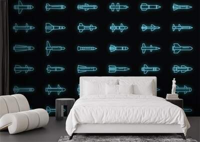 Air missile attack icons set. Outline set of air missile attack vector icons neon color on black Wall mural