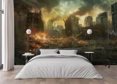 Apocalyptic urban destruction scene with catastrophic event. Ruins. Fire. Smoke. And devastation in the cityscape. Depicting a postapocalyptic landscape of dilapidated buildings. Warzone Wall mural