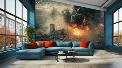 Apocalyptic urban scene with catastrophic explosion. Fiery inferno. And chaotic destruction in the city. Creating a warzone of rubble. Debris. And danger Wall mural