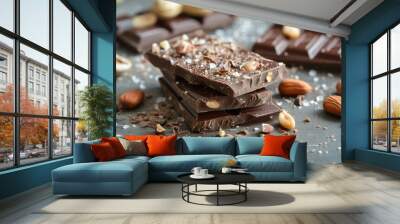 Artisan dark chocolate bars sprinkled with sea salt, almonds, and hazelnuts Wall mural