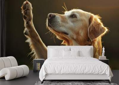 Backlit portrait of a trained golden retriever dog raising paw for a high five outdoors at sunset Wall mural