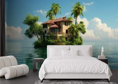 Beautiful house island villa. Ocean nature. Generate Ai Wall mural