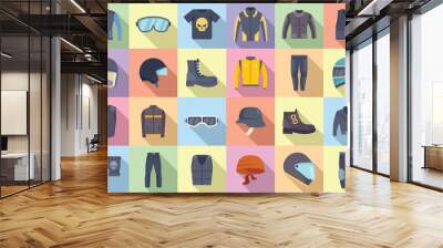 Biker clothes icons set flat vector. Gear motorbike. Biker driver Wall mural