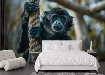 Black siamang gibbon holding a rope and looking around in its habitat Wall mural