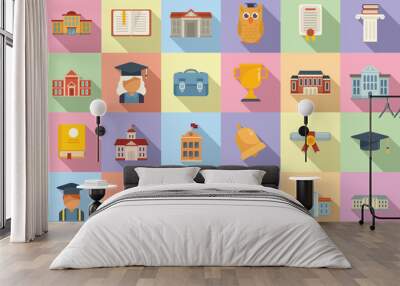 Campus icons set flat vector. University college Wall mural