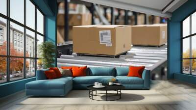 Cardboard boxes on an industrial conveyor belt system in a distribution warehouse Wall mural