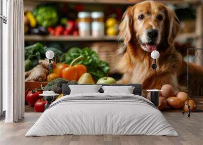 Charming golden retriever sits among colorful fruits and vegetables in a cozy kitchen setting Wall mural