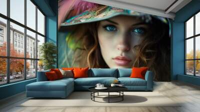 Close-up of a mysterious woman's face with captivating blue eyes and a colorful hat Wall mural