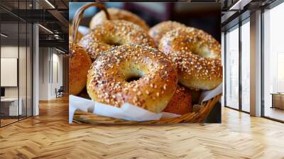 Close-up of freshly baked bagels with sesame seeds in a wicker basket Wall mural