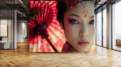 Close-up portrait of a woman with artistic makeup holding a red parasol, evoking cultural beauty Wall mural