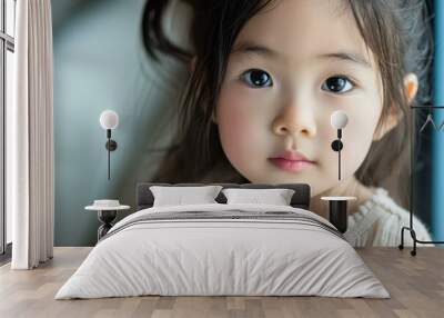 Close-up shot capturing the innocence and beauty of a young girl's face with a soft-focus background Wall mural