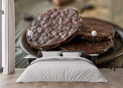 Closeup of delicious chocolate rice cakes on a dark plate, perfect for a sweet snack Wall mural