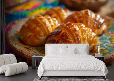 Closeup of freshly baked conchas, mexican sweet bread, on a vibrant handpainted plate Wall mural