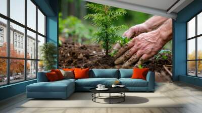 Closeup of hands nurturing and planting a new tree into fertile earth Wall mural