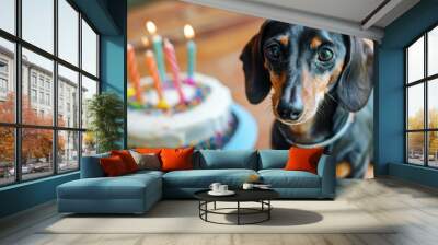 Cute dachshund beside a birthday cake decorated with lit candles Wall mural