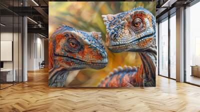 Detailed closeup of two velociraptors in a faceoff, set against a blurred foliage background Wall mural