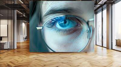 Detailed macro shot focusing on a blue eye looking through the lens of eyeglasses Wall mural